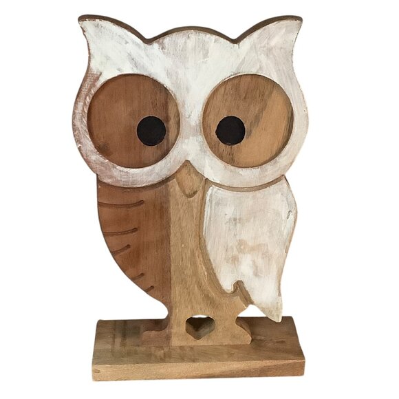 Wooden Owl Figurine Painted White Accents Made in India Home Decor 11” - Picture 1 of 5
